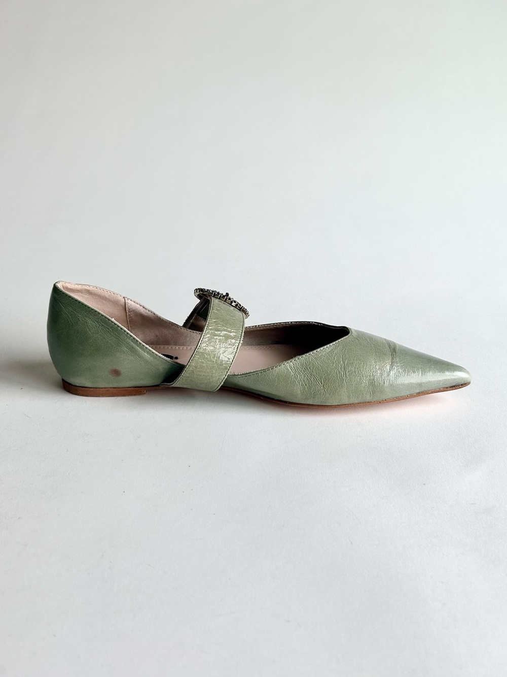 Zara Basic Green Leather Mary Jane Point Toe Glitter Buckle Flats size 7.5 - Picture 3 of 16